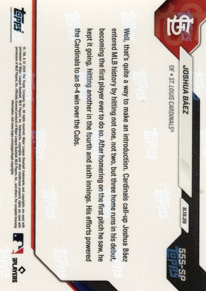 2026 Topps Now Joshua Baez #555SP Rookie RC Baseball Card