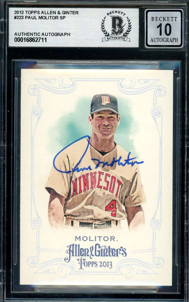 Paul Molitor Gem Mint 10 Beckett BAS Signed 2013 Topps Allen & Ginter Autograph