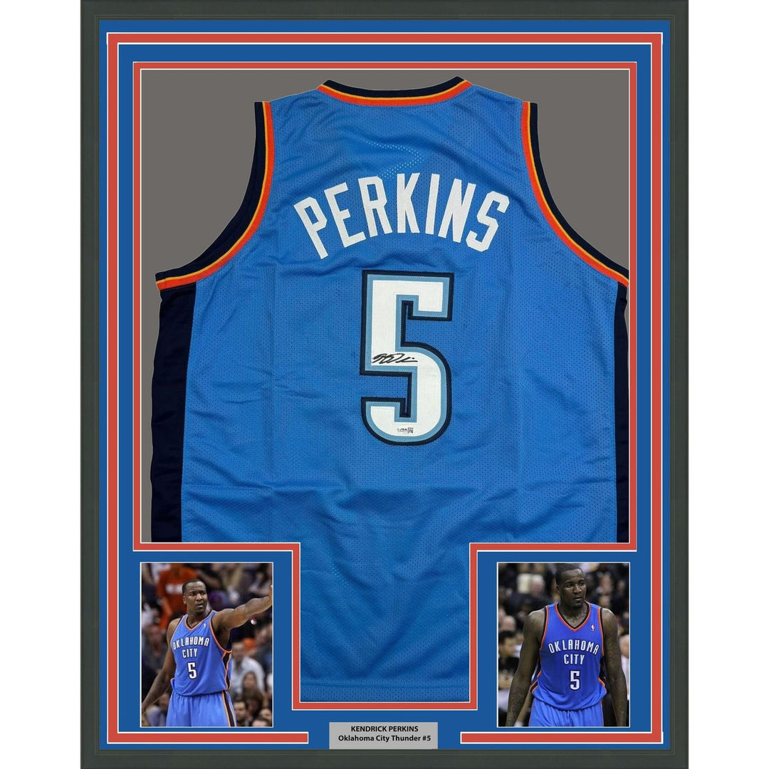Framed Autographed/Signed Kendrick Perkins 35x39 OKC Blue Jersey JSA COA