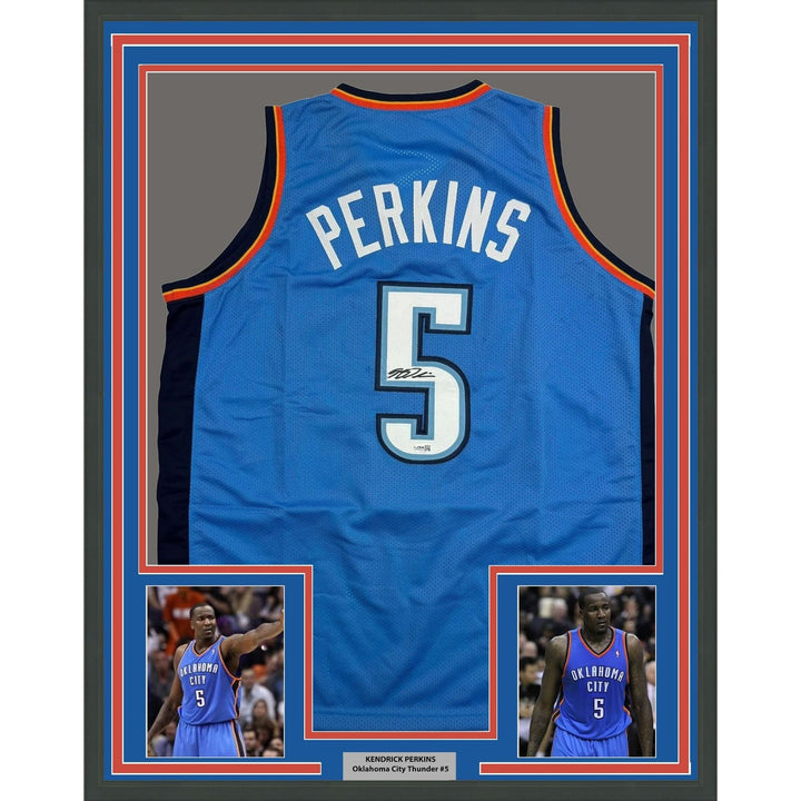 Framed Autographed/Signed Kendrick Perkins 35x39 OKC Blue Jersey JSA COA