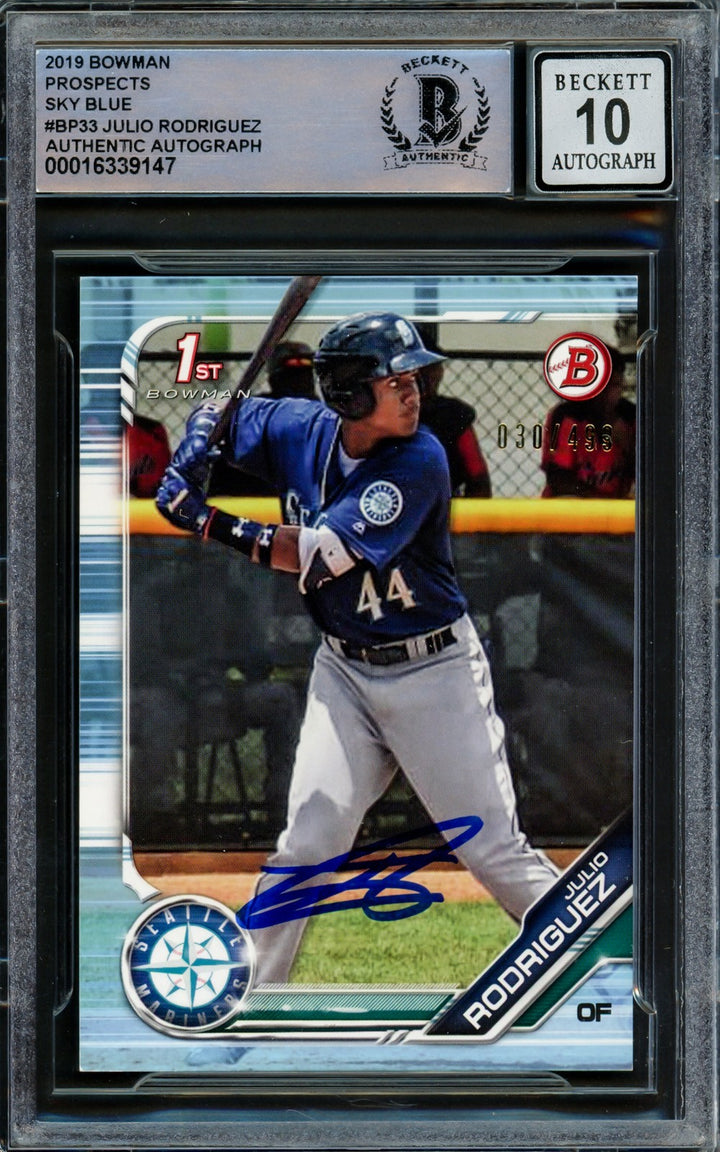 Julio Rodriguez Signed 2019 Bowman Prospects Sky Blue RC #BP33 Mariners Auto 10
