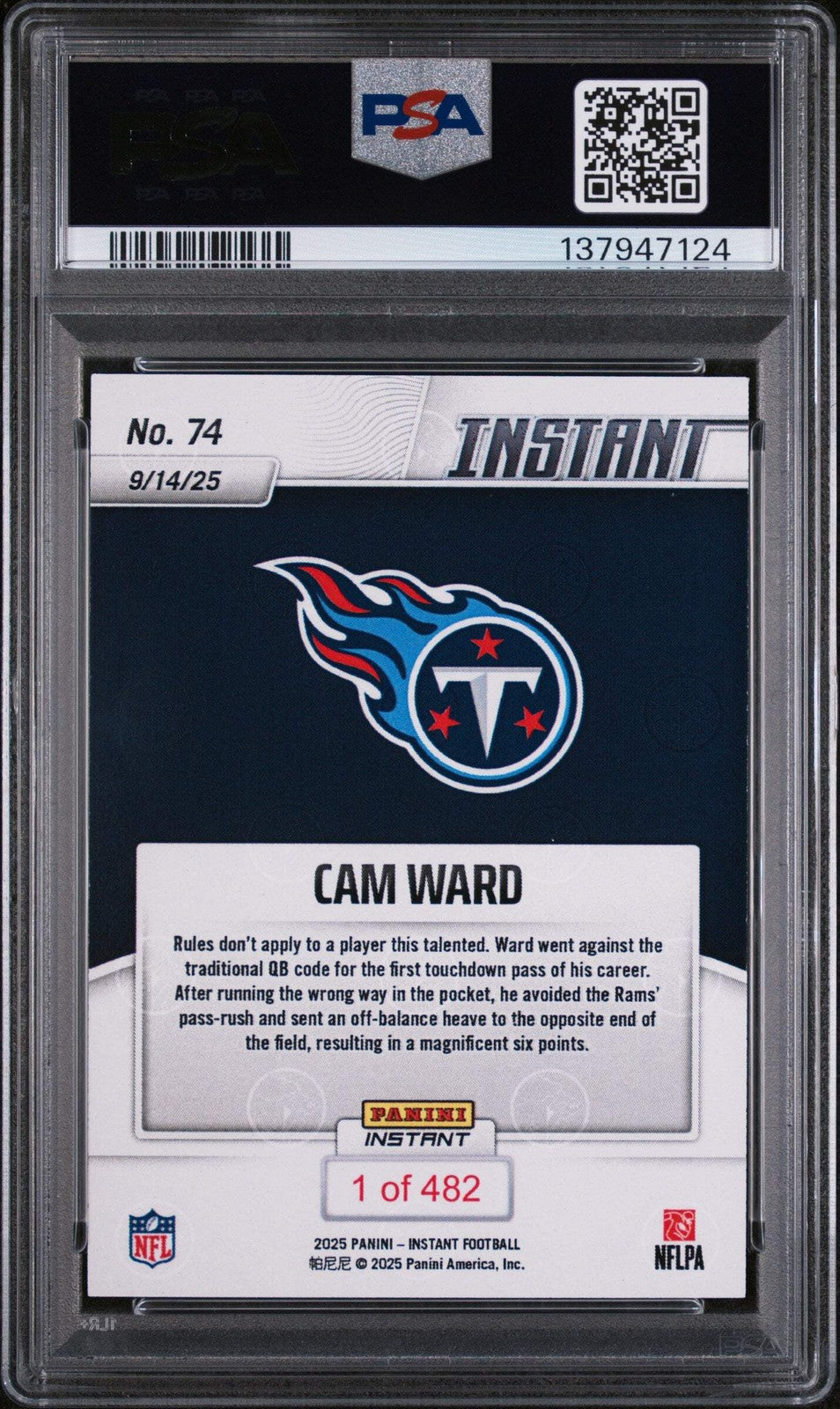 Graded 2025 Panini Instant NFL Cam Ward #74 Rookie RC Football Card PSA 10
