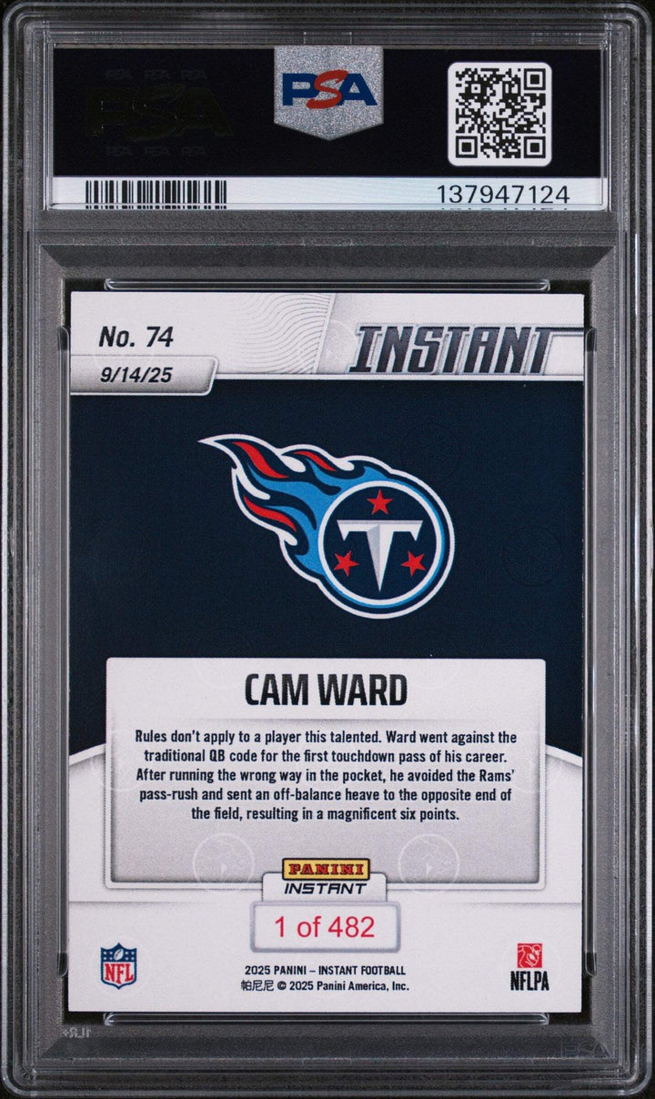Graded 2025 Panini Instant NFL Cam Ward #74 Rookie RC Football Card PSA 10