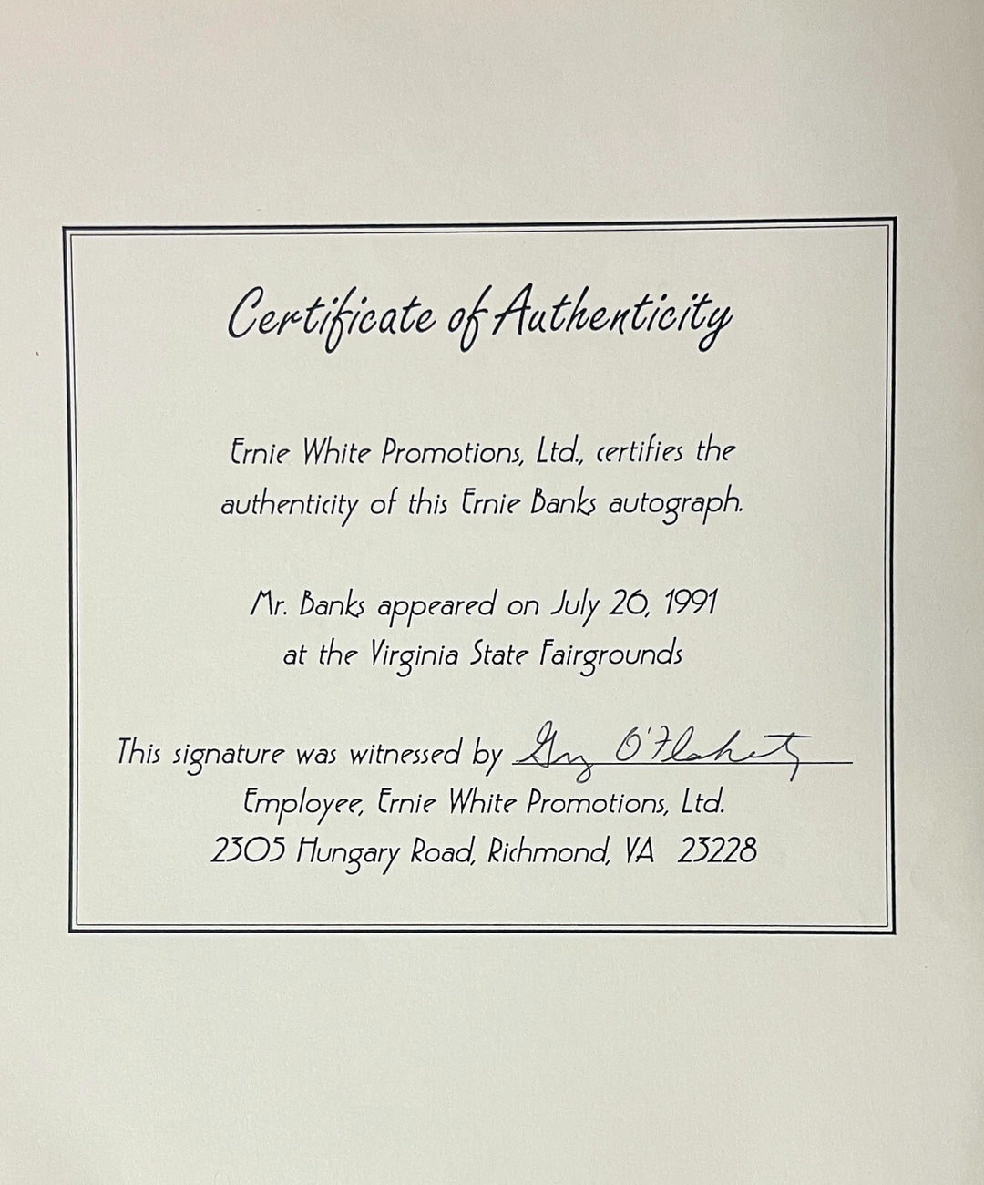 Ernie Banks signed Chicago Cubs MLB Licensed 8x10 Photo Framed- COA (HOF/14X AS)