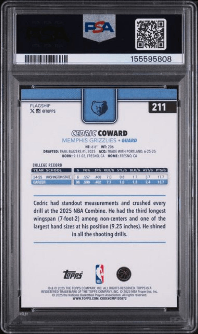 Graded 2025 Topps Cedric Coward #211 Rookie RC Basketball Card PSA 10 Gem Mint