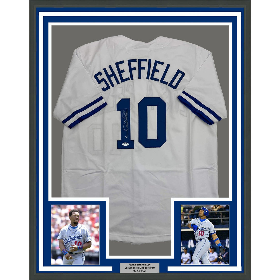 Framed Signed Gary Sheffield 35x39 Los Angeles White Jersey PSA COA