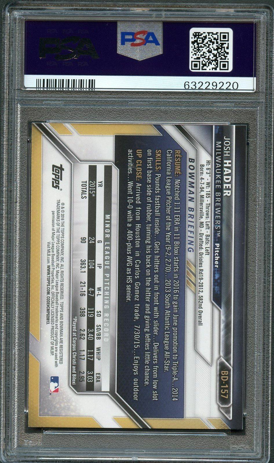 2016 Bowman Draft #157 Josh Hader Signed Card PSA Slabbed Auto Grade 10 Brewers