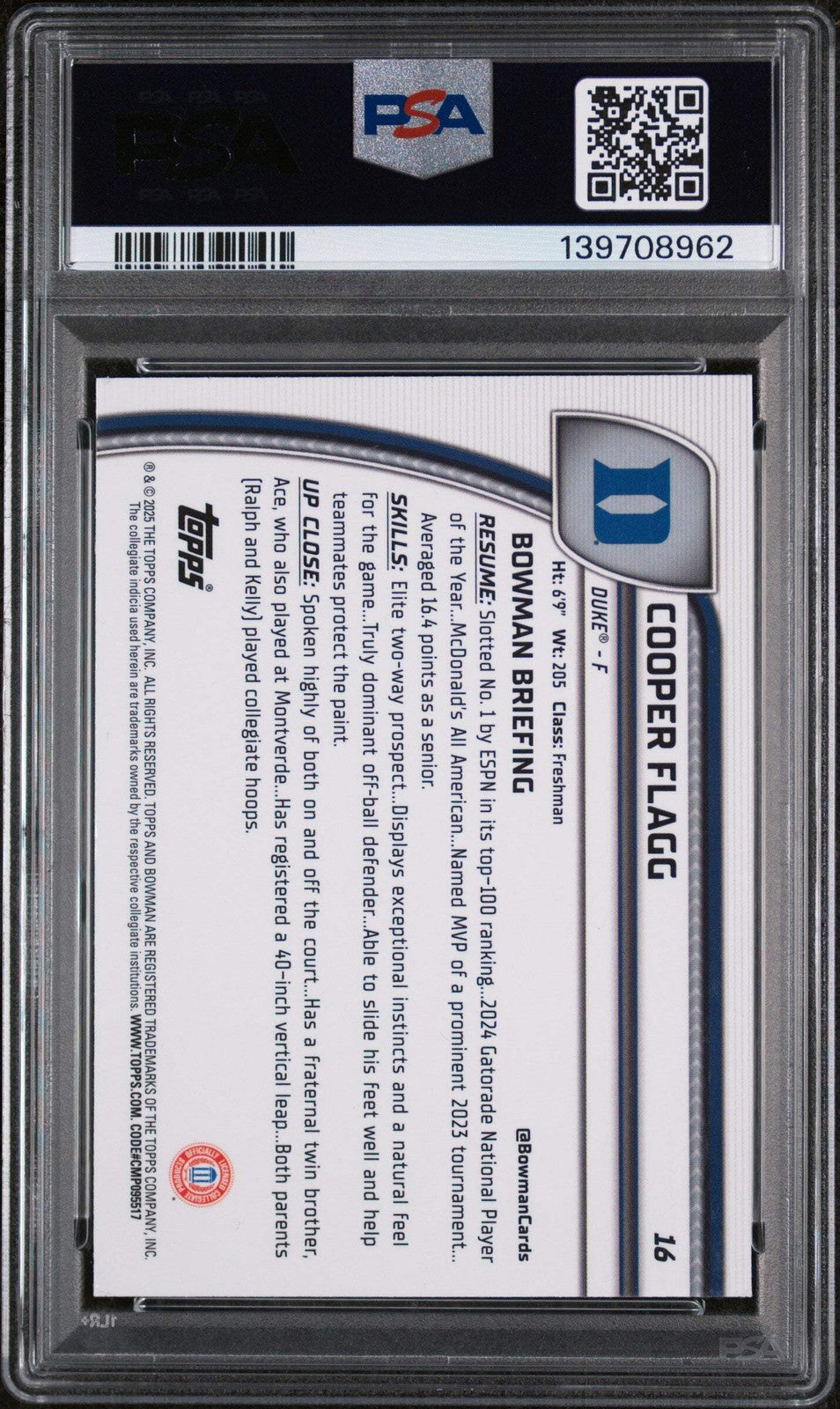 Graded 2024 Topps Bowman Chrome Cooper Flagg #16 Purple Lava Rookie Card PSA 10
