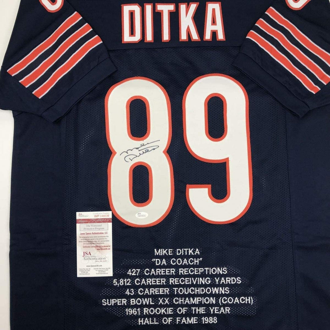 Autographed/Signed MIKE DITKA Chicago Blue Stat Football Jersey JSA COA Auto