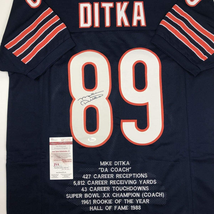 Autographed/Signed MIKE DITKA Chicago Blue Stat Football Jersey JSA COA Auto