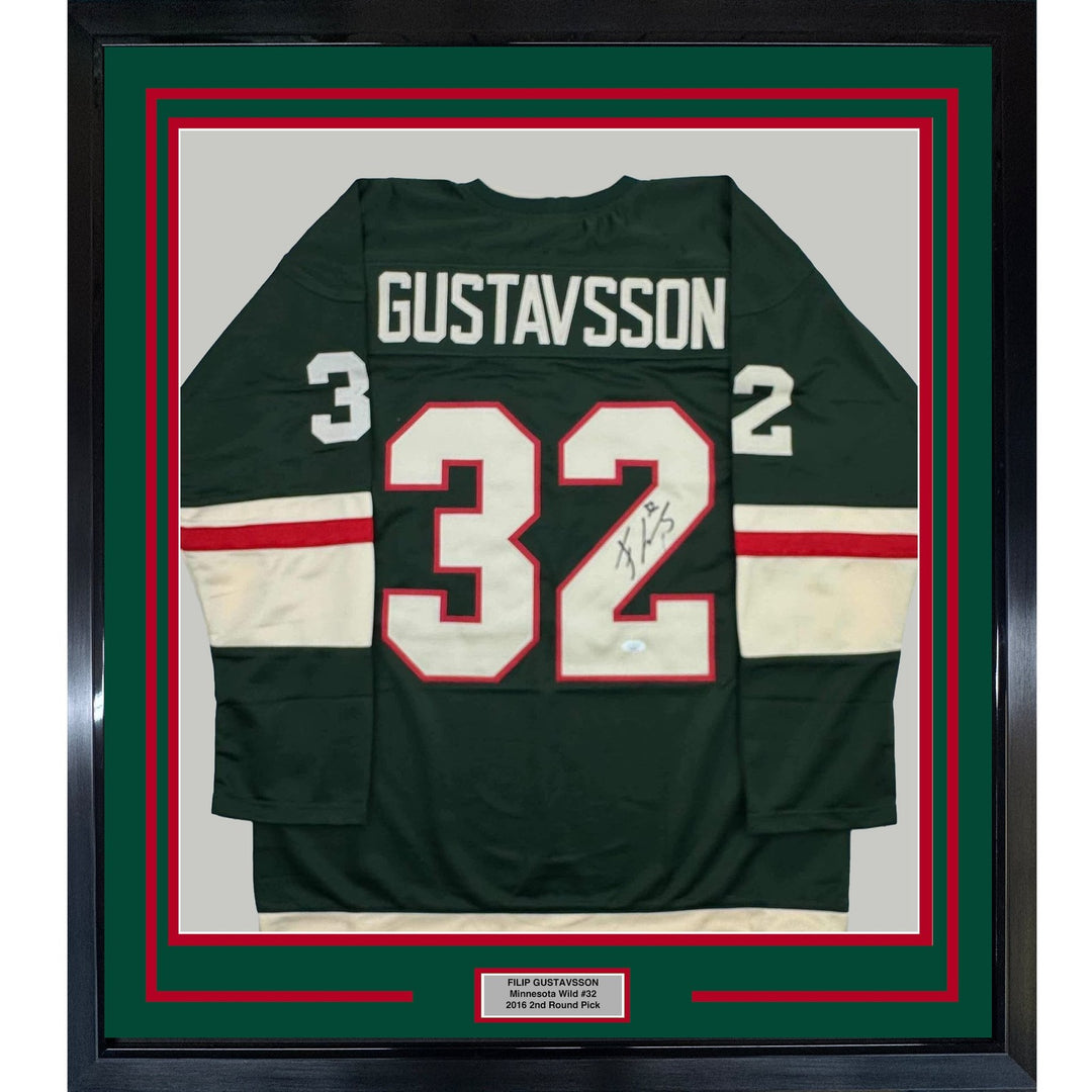 Framed Signed Filip Gustavsson 35x39 Minnesota Green Jersey JSA COA