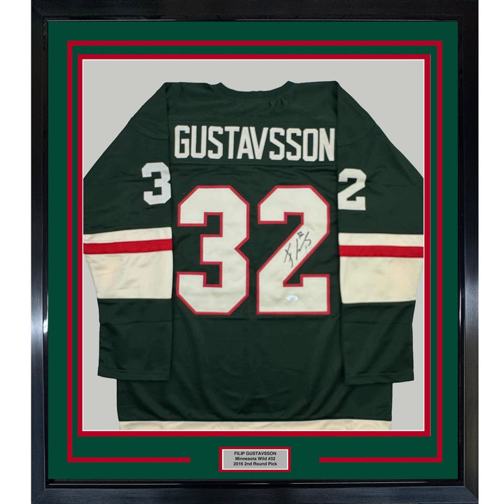 Framed Signed Filip Gustavsson 35x39 Minnesota Green Jersey JSA COA