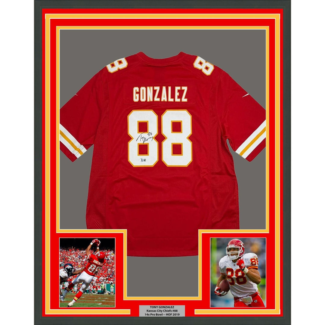 Framed Autographed/Signed Tony Gonzalez 35x39 Chiefs Red Jersey Beckett COA