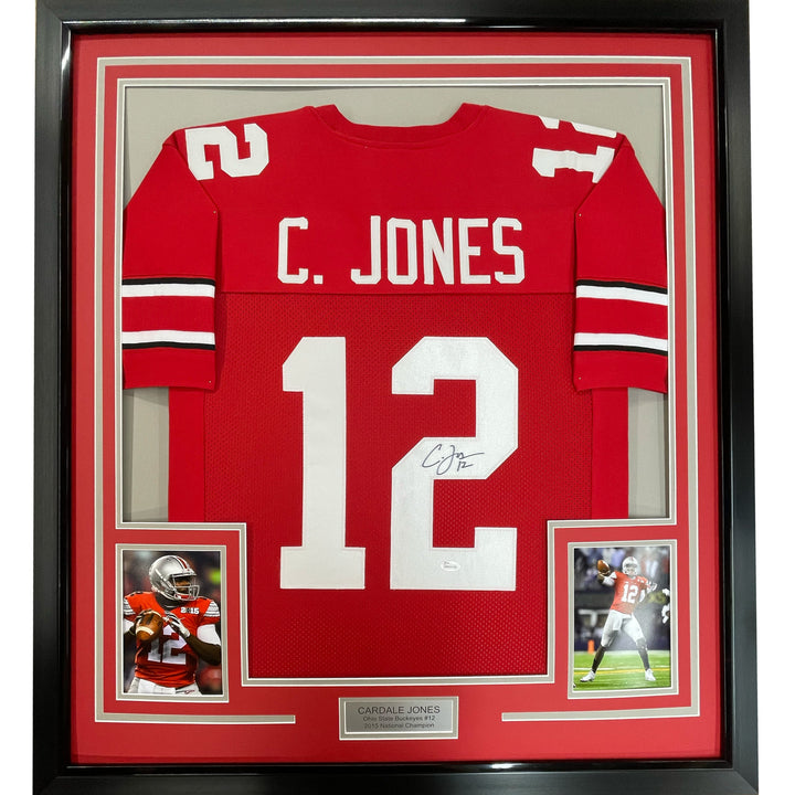 Framed Autographed/Signed Cardale Jones 33x42 Ohio State Red Jersey JSA COA