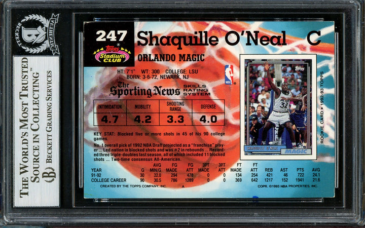 Shaquille Shaq O'Neal Signed 1992-93 Stadium Club RC 247 Magic Beckett #13020289