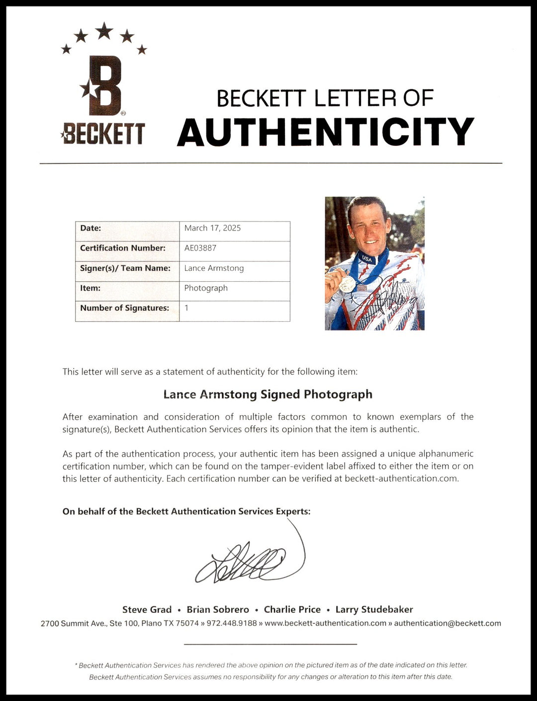 Lance Armstrong Autographed Signed 8x10 Photo Cycling Beckett BAS #AE03887