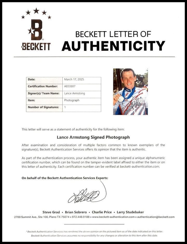Lance Armstrong Autographed Signed 8x10 Photo Cycling Beckett BAS #AE03887