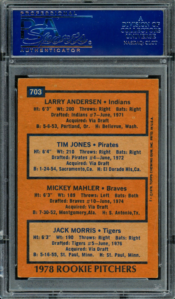Jack Morris, Mickey Mahler & Larry Andersen Auto 1978 Topps RC 703 PSA/DNA 09001