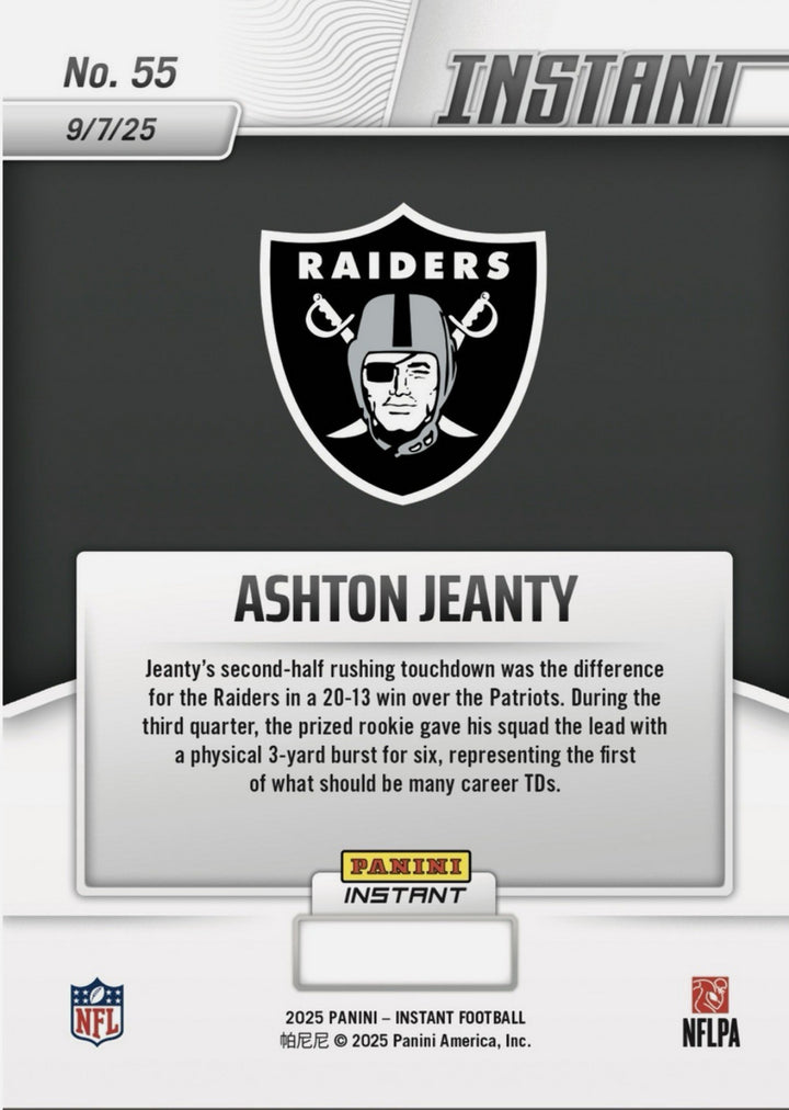 2025 Panini Instant NFL Ashton Jeanty #55 Auto /99 Las Vegas Raiders Rookie Card