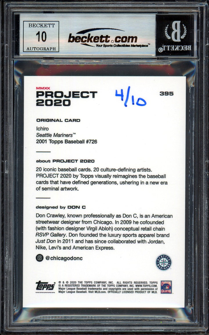 Ichiro Suzuki Auto Topps Project 2020 Don C Card 395 Mariners Sig 10 /10 BAS