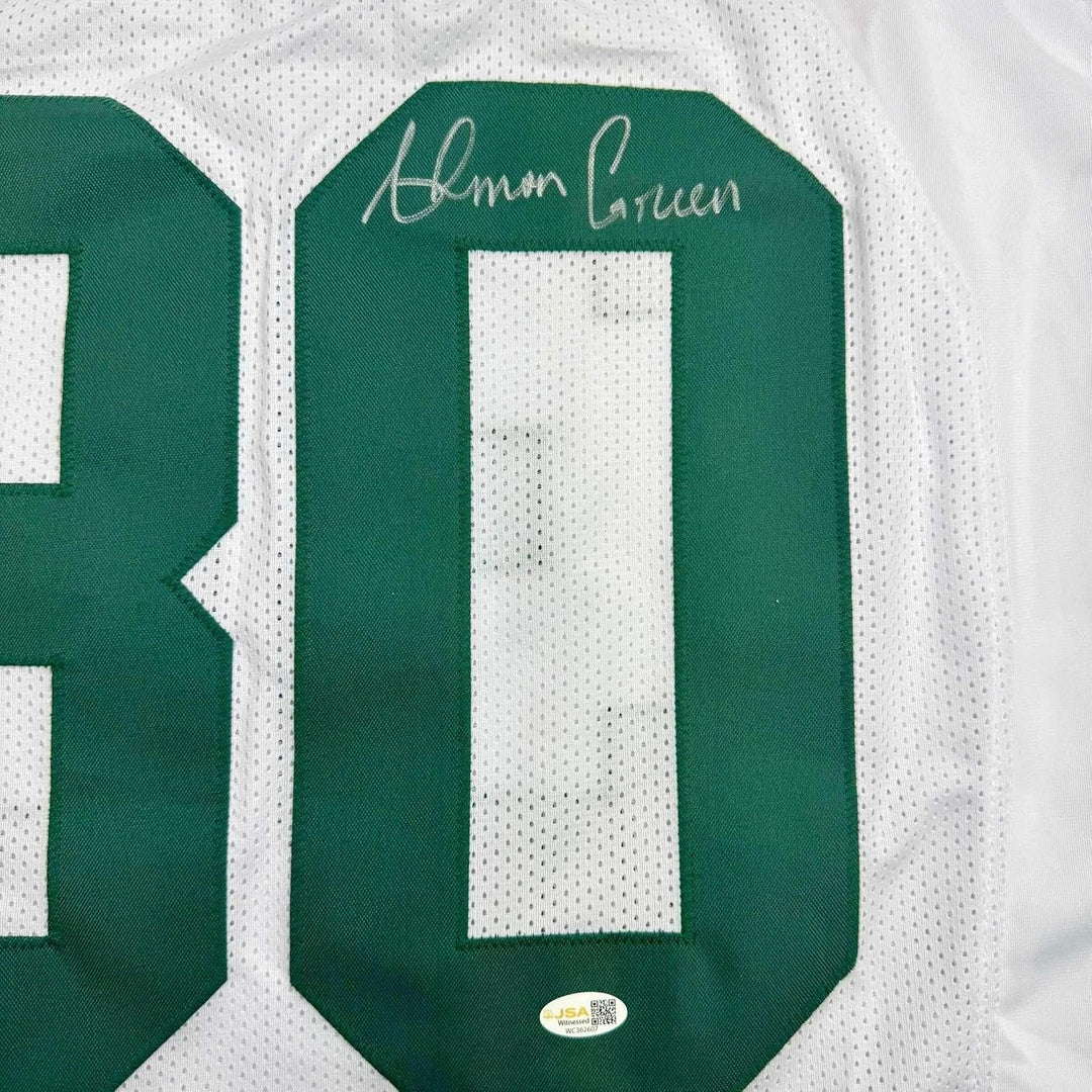 Framed Autographed/Signed Ahman Green 35x39 Green Bay White Jersey JSA COA