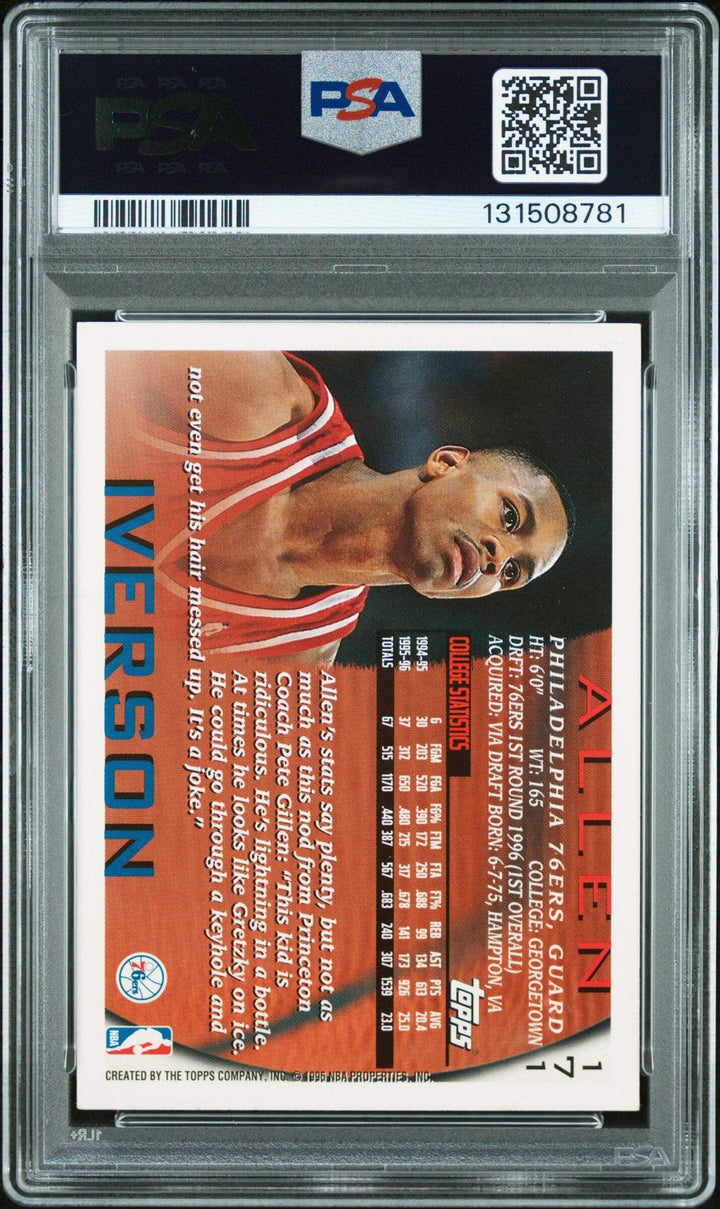 Graded 1996 Topps Allen Iverson #171 Rookie RC Card PSA 10 Auto Grade Gem Mint