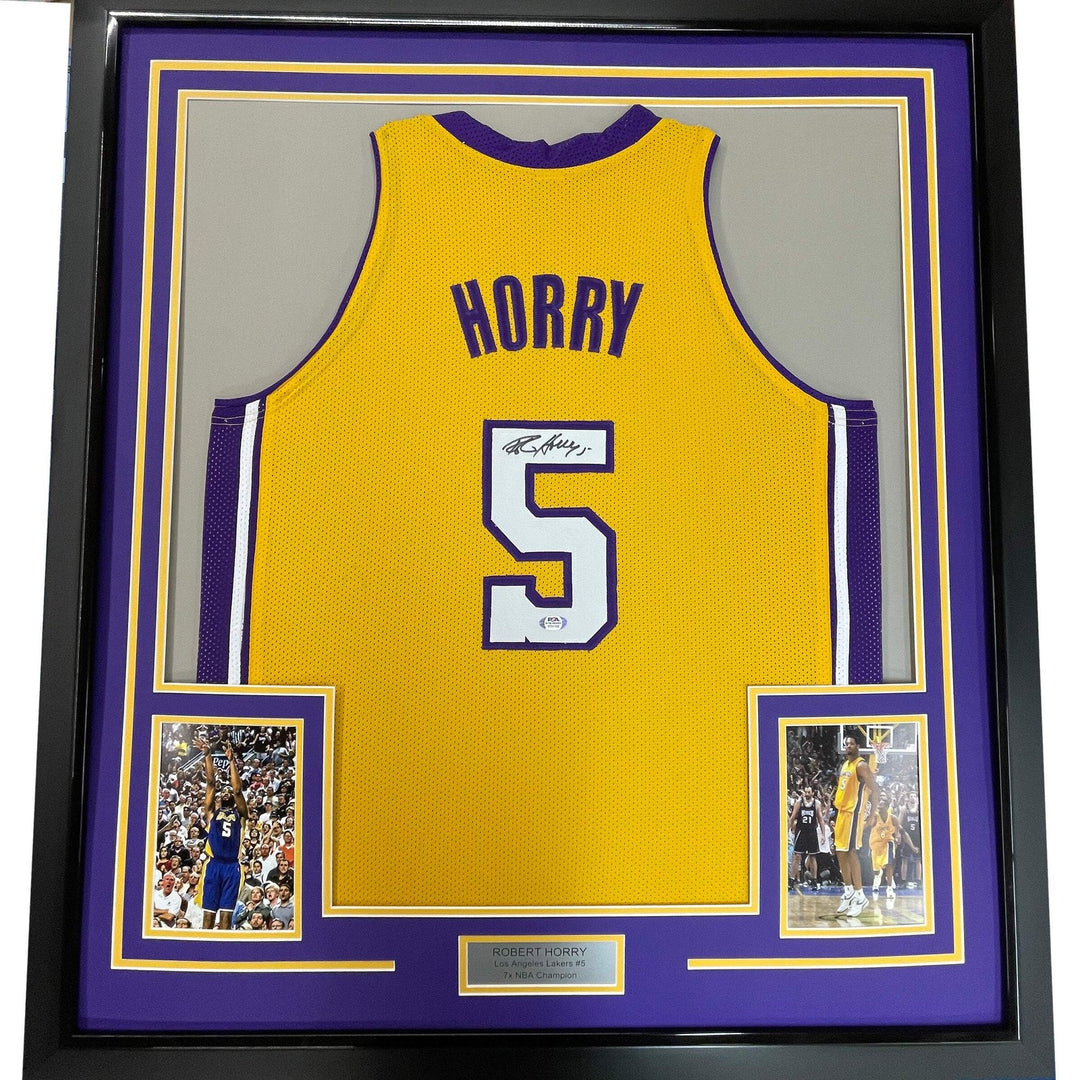 Framed Autographed/Signed Robert Horry 33x42 Los Angeles Yellow Jersey PSA COA