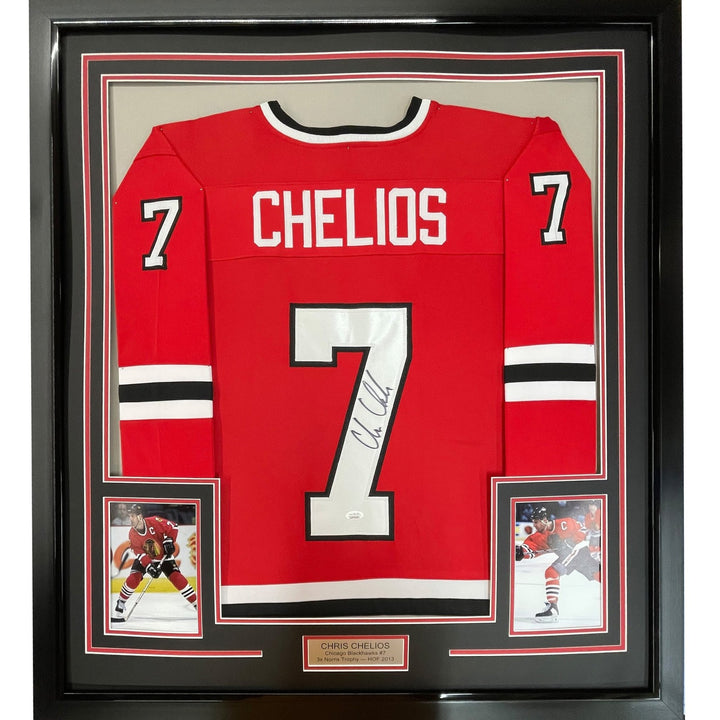 FRAMED Signed CHRIS CHELIOS 35x39 Chicago Red Jersey JSA COA Auto