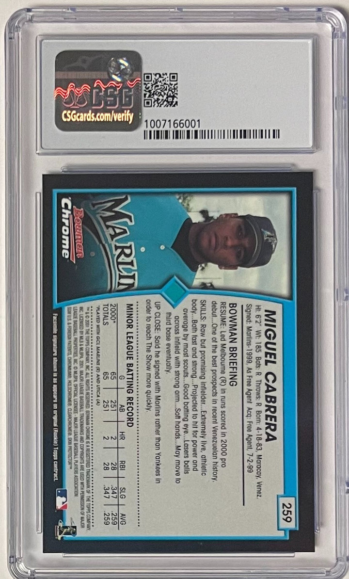 Miguel Cabrera 2001 Bowman Chrome Rookie Error Card (Bautista)-CSG Graded 8.5 NM