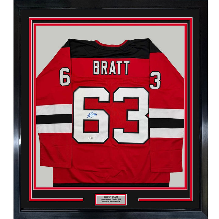 Framed Autographed/Signed Jesper Bratt 35x39 Red Jersey Beckett BAS COA