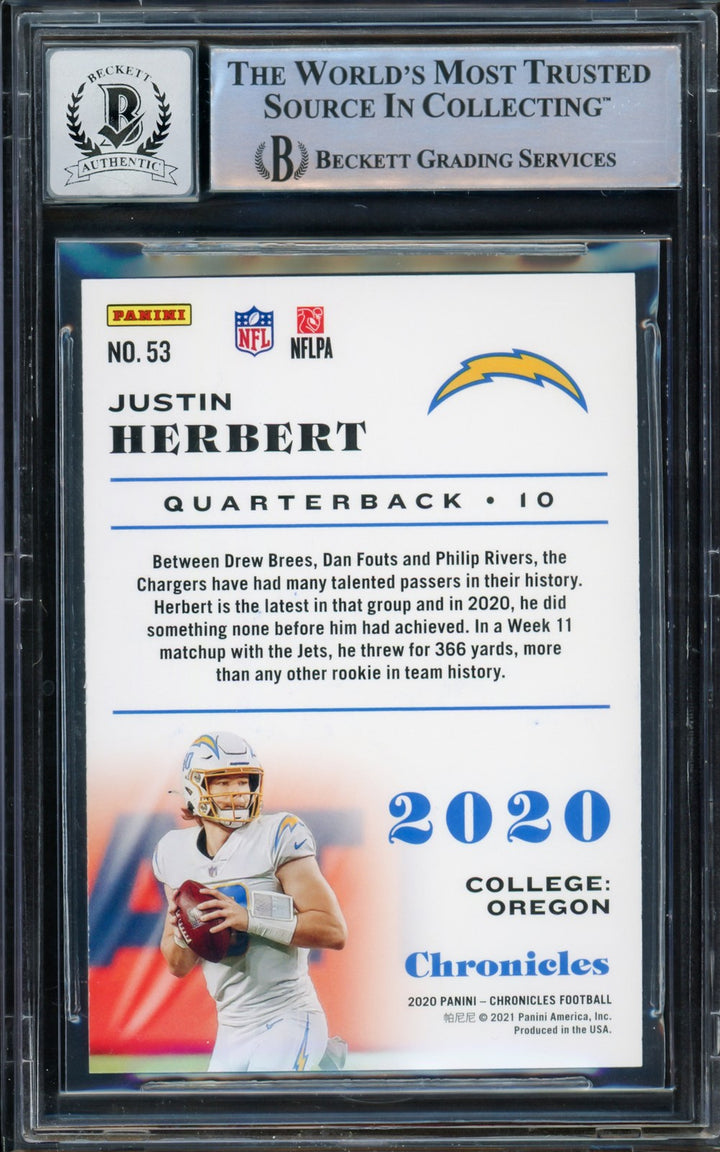 Justin Herbert Signed 2020 Panini Chronicles Teal Parallel RC 53 Sig 10 Beckett
