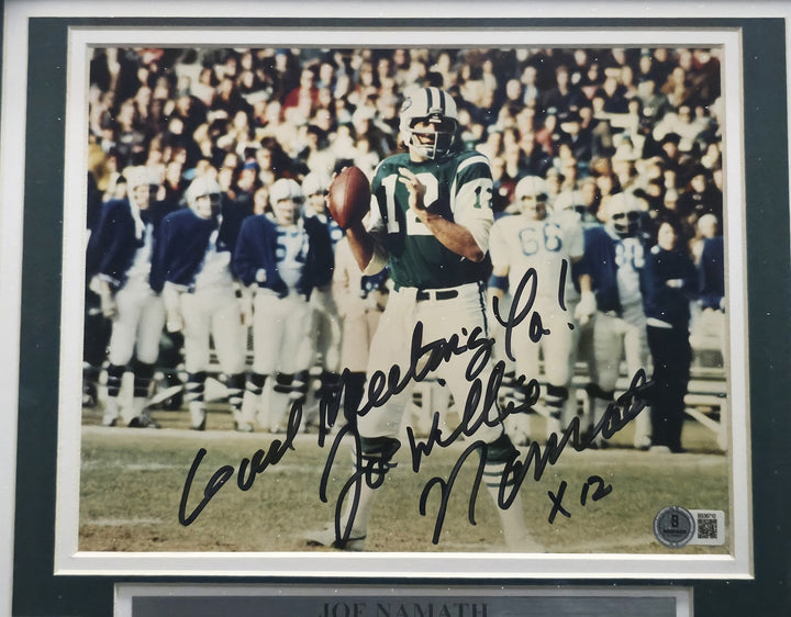 Joe Namath Signed Framed 8x10 Photo Jets "Good Meeting Ya!" Beckett QR #BS36710