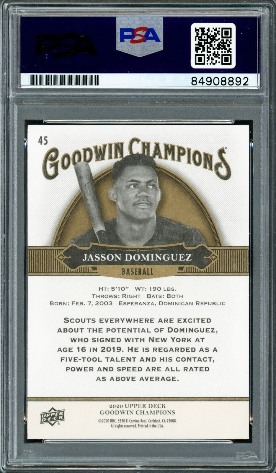 Jasson Dominguez Signed 2020 Upper Deck Goodwin Champions RC 45 Yankees PSA/DNA