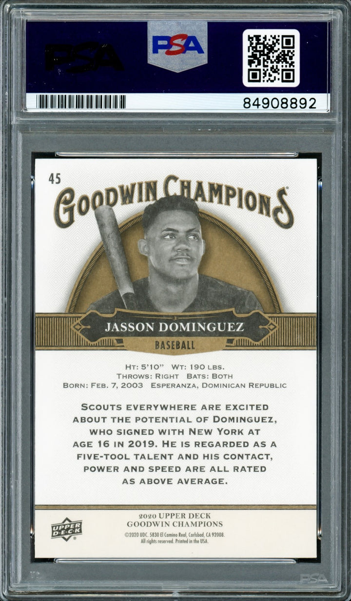 Jasson Dominguez Signed 2020 Upper Deck Goodwin Champions RC 45 Yankees PSA/DNA