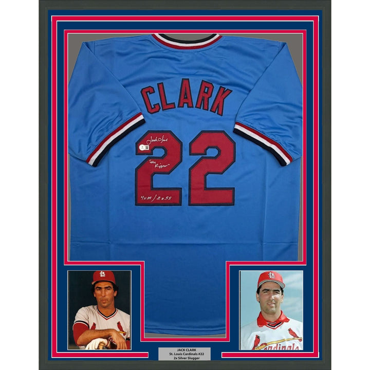 Framed Autographed/Signed Jack Clark 35x39 St. Louis Blue Jersey BAS COA