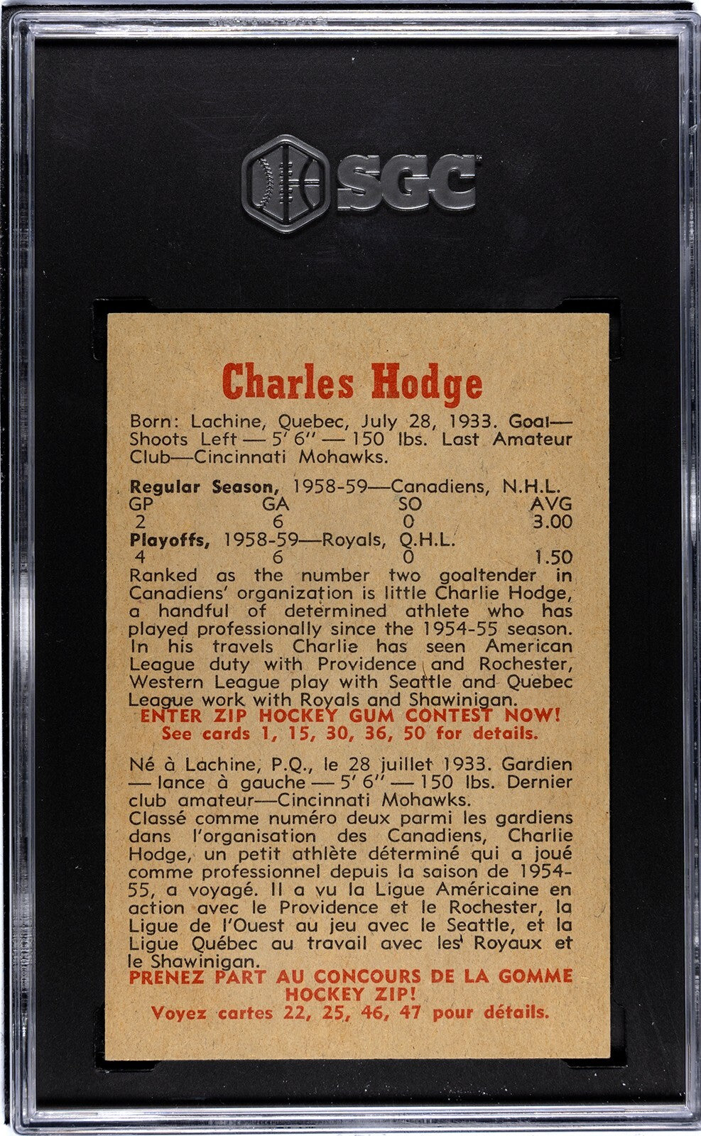 Charlie Hodge 1959-60 Parkhurst NHL Card #16 SGC Graded 7 NM  Montreal Canadiens