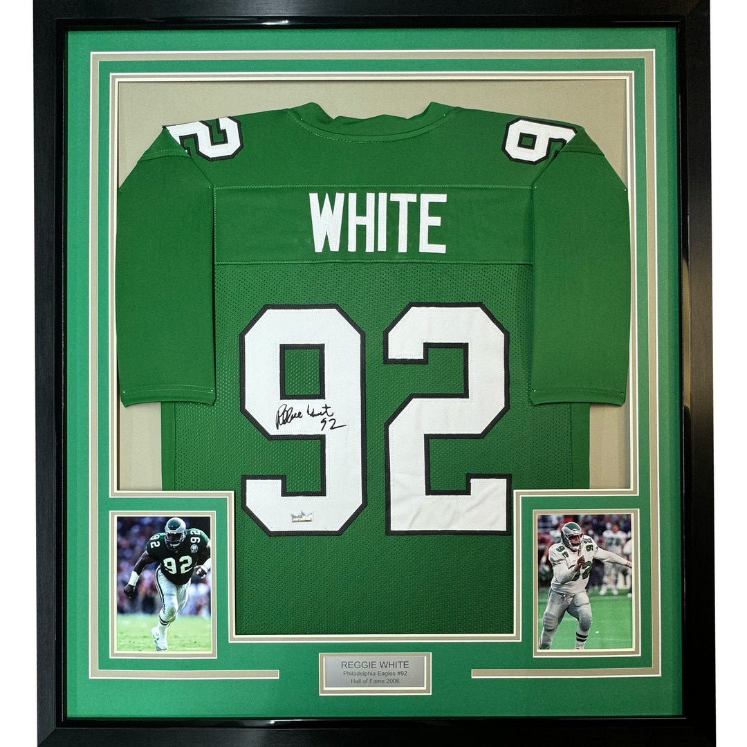 Framed Facsimile Autographed Reggie White 35x39 Kelly Green Reprint Auto Jersey