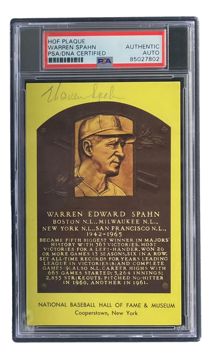 Warren Spahn Signed 4x6 Milwaukee Braves Hall Of Fame Plaque Card PSA/DNA