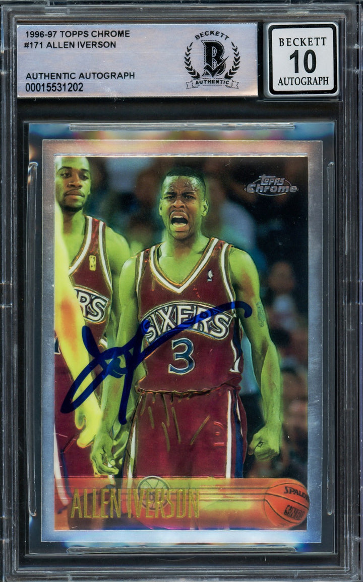 Allen Iverson Signed 1996-97 Topps Chrome RC 171 76ers Auto GM 10 Beckett