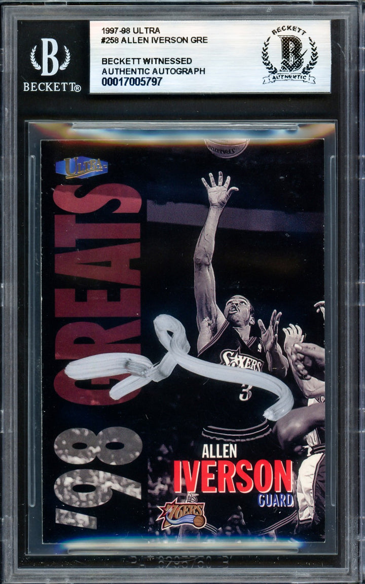 Allen Iverson Signed 1997-98 Fleer Ultra Card 258 76ers Beckett Wit #17005797