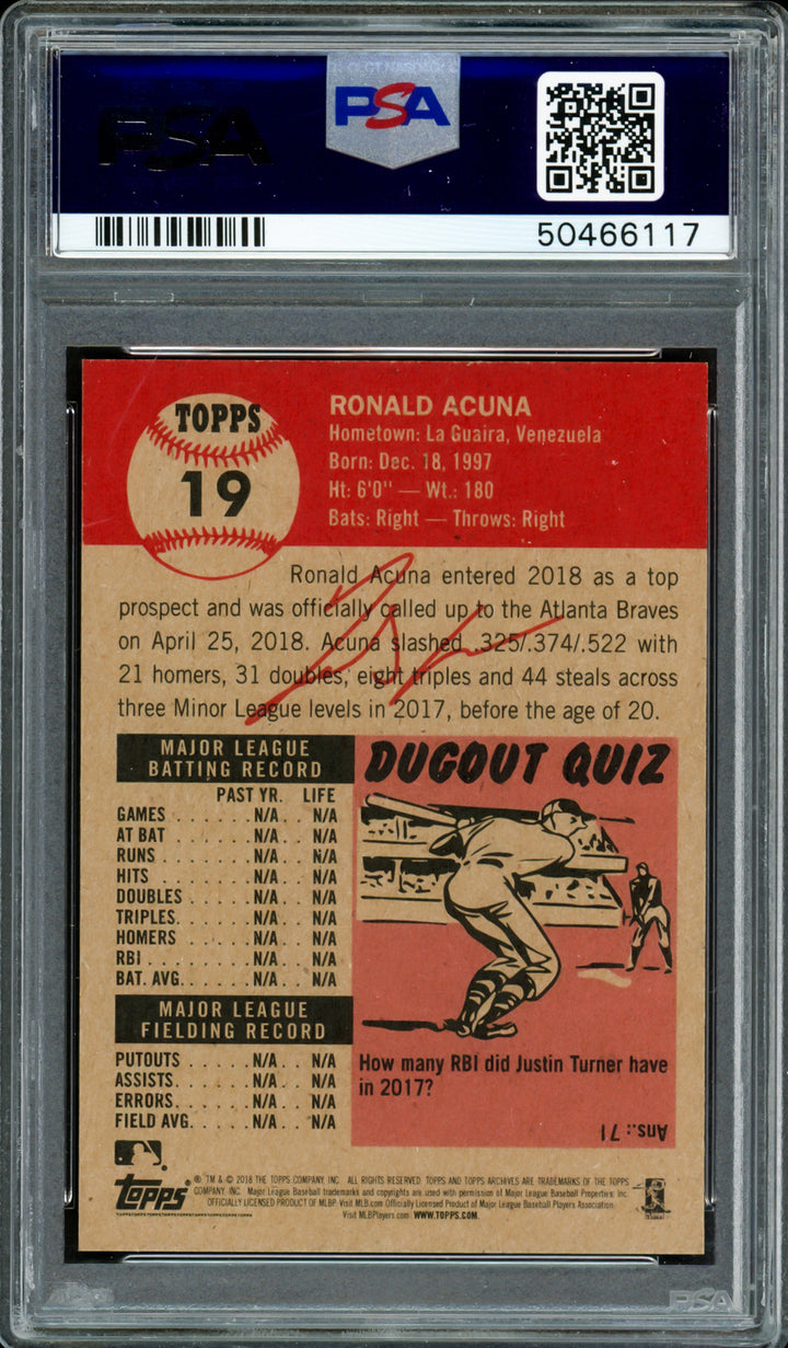 Ronald Acuna Jr. 2018 Topps Living RC PSA 9 Gem 10 Auto PSA/DNA 50466117