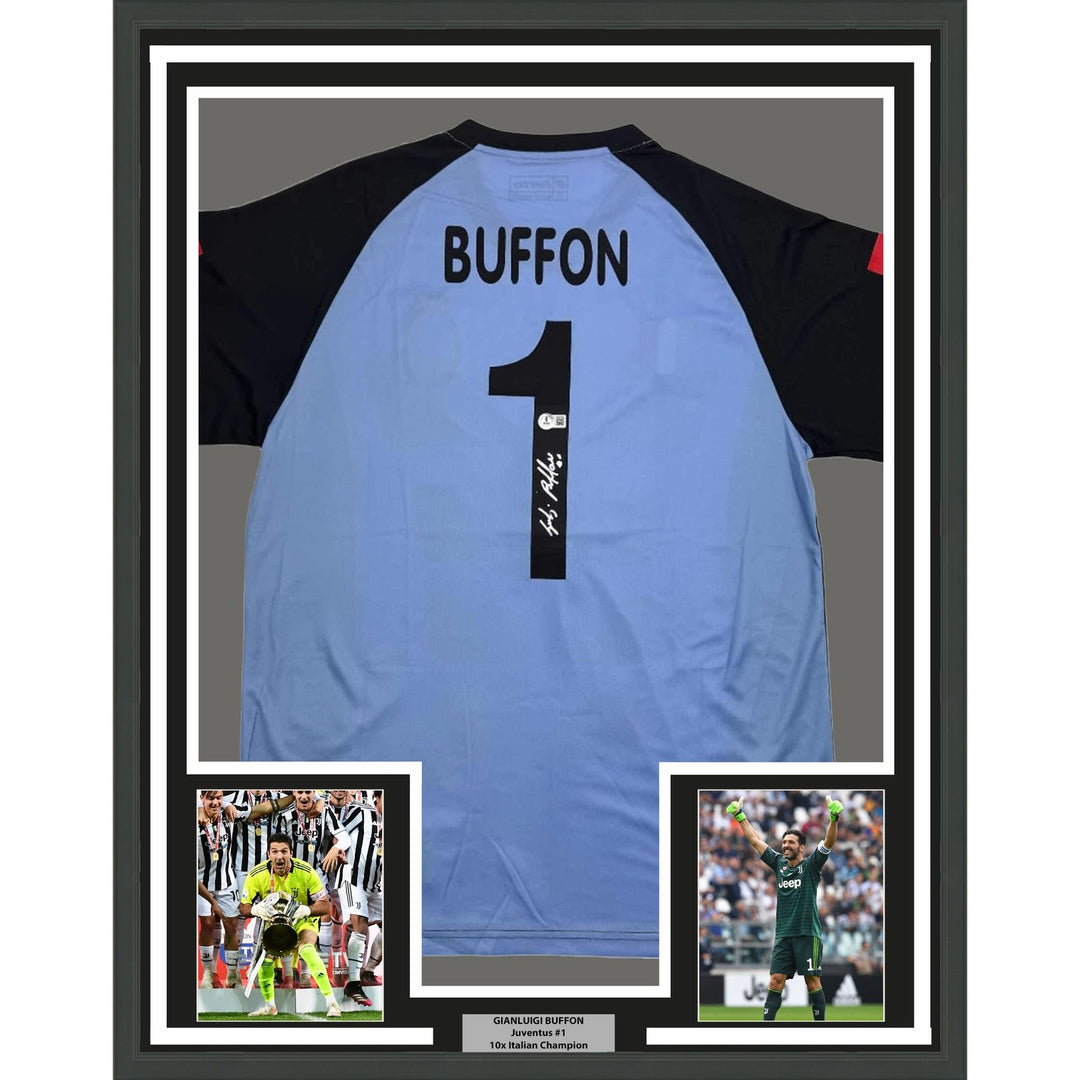 Framed Signed Gianluigi Buffon 35x39 Juventus Blue Jersey BAS COA