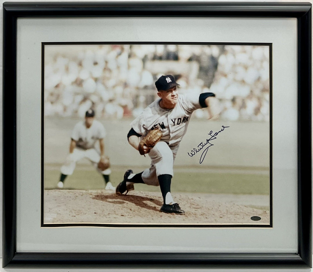 Whitey Ford NY Yankees HOF Signed 16x20 Pitching Photo Framed Autograph Steiner