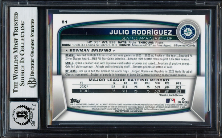 Julio Rodriguez Auto 2023 Bowman Chrome Card 81 Mariners Sig 10 Beckett 17038922