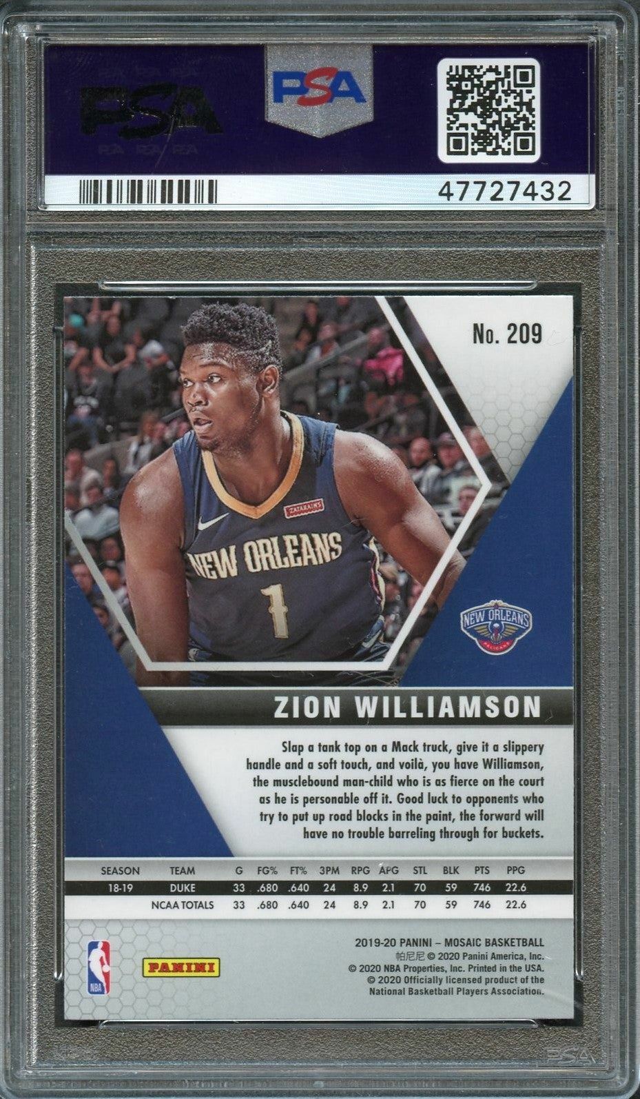 2019-20 Panini Mosaic #209 Zion Williamson PSA 10 Gem Mint Rookie RC Pelicans