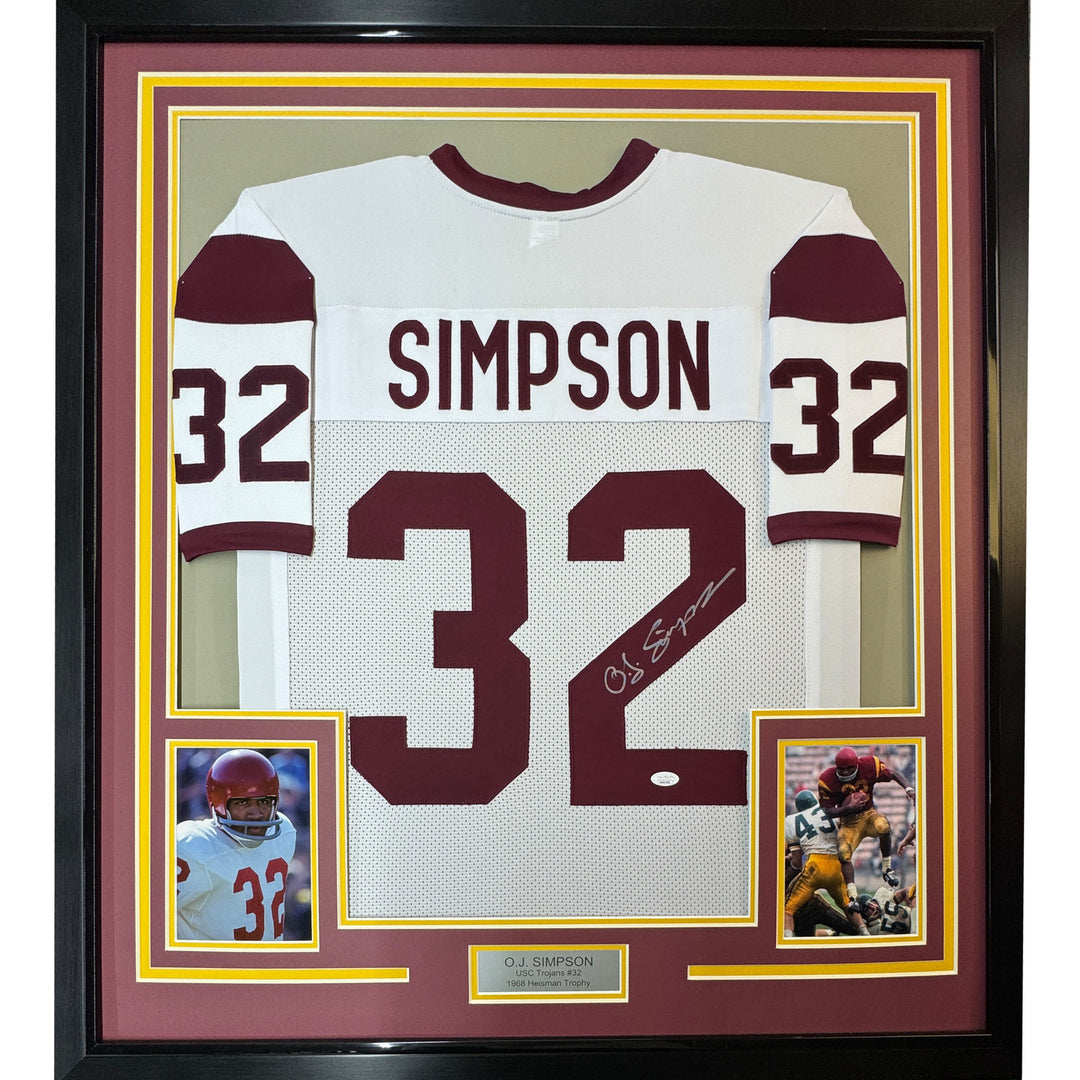 Framed Autographed/Signed OJ O.J. Simpson 33x42 USC White Jersey JSA COA