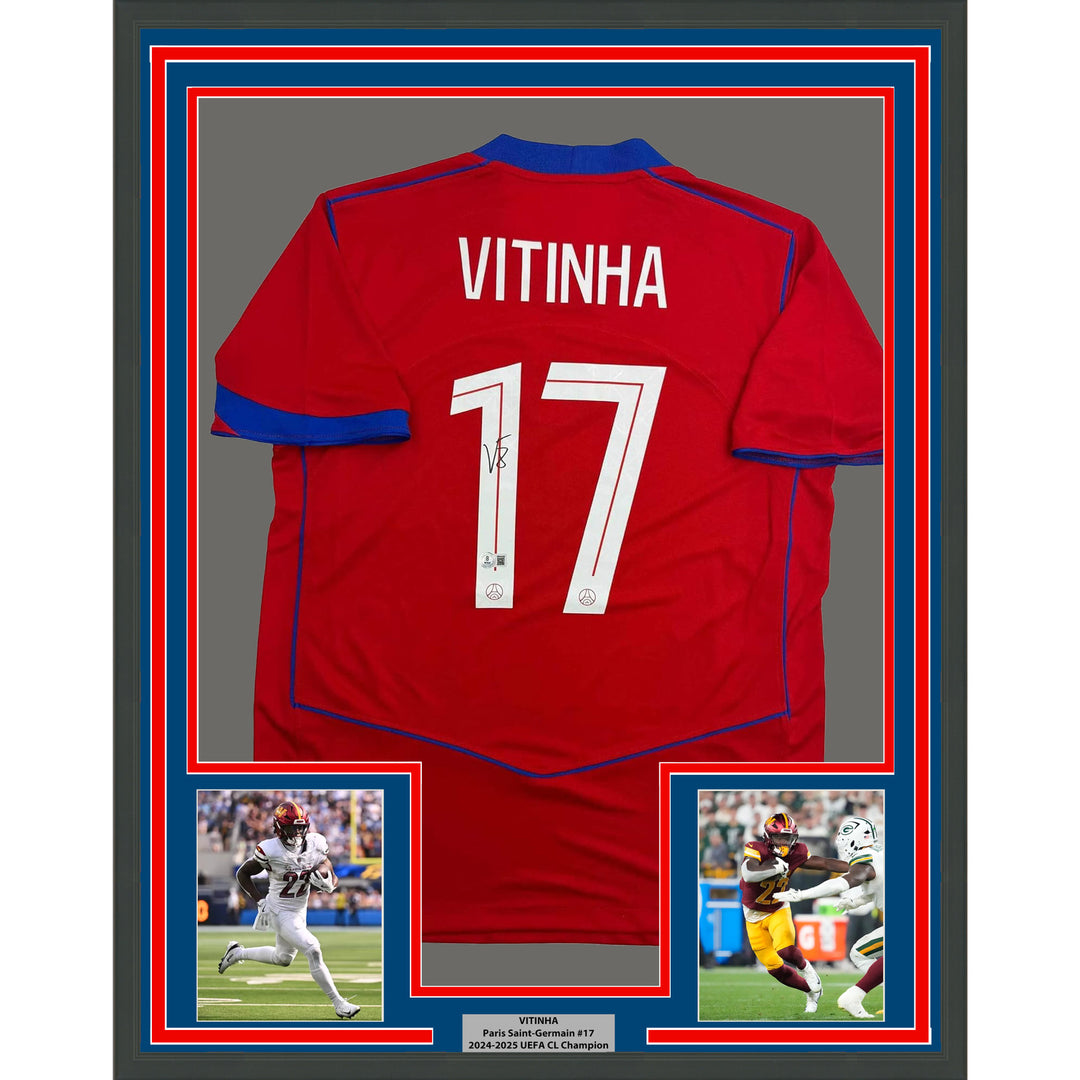 Framed Autographed/Signed Vitinha 35x39 PSG Red Jersey Beckett BAS COA