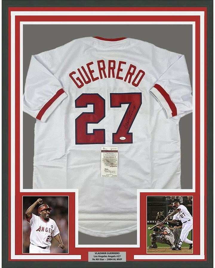 FRAMED Autographed/Signed VLADIMIR VLAD GUERRERO 33x42 LA White Jersey JSA COA