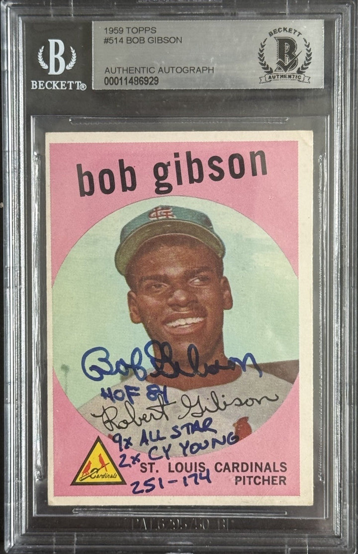 1959 Topps Bob Gibson #514 Rookie Signed Stat HOF Cy 9x All Star 251 Auto  BAS