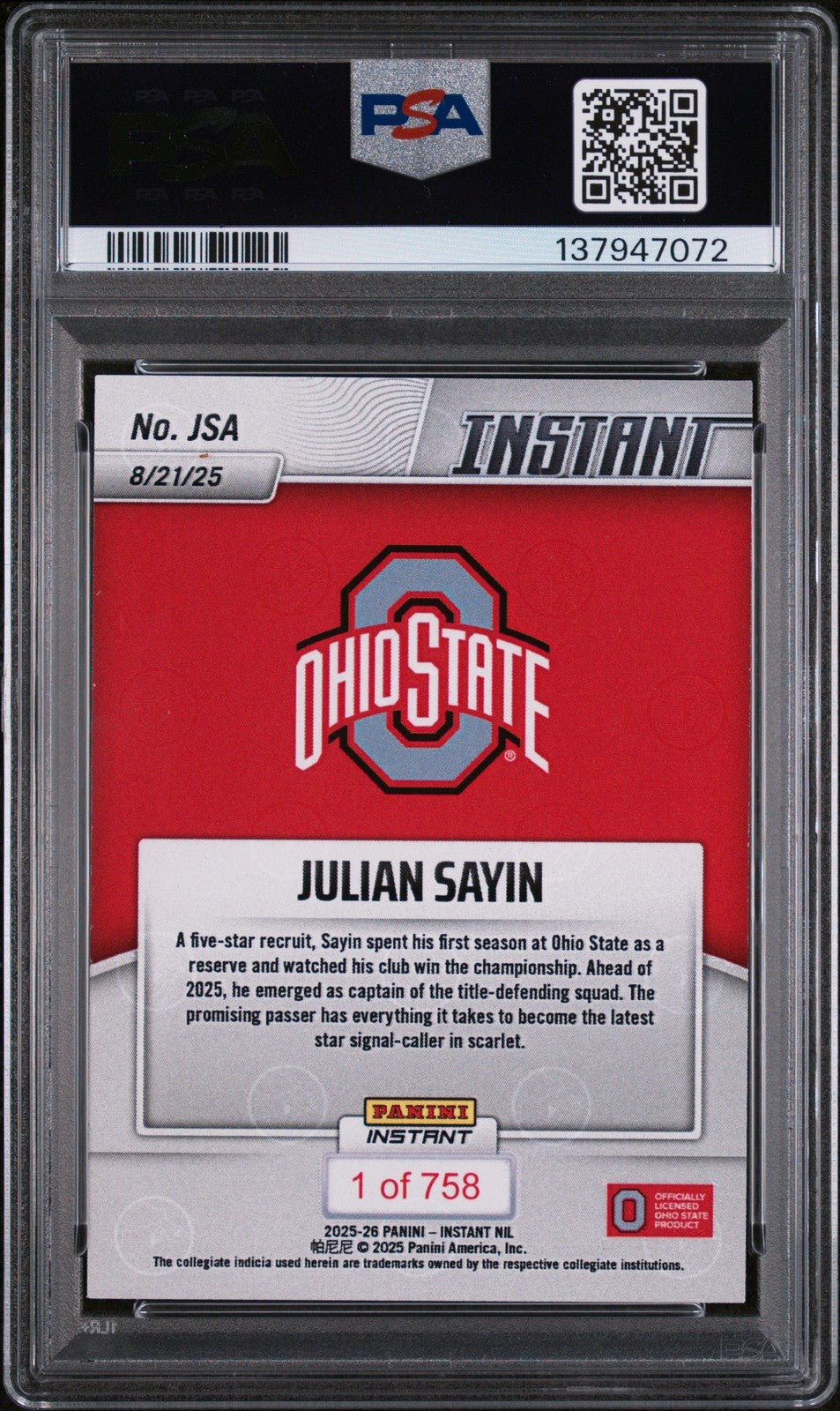 Graded 2025 Panini Instant NIL Julian Sayin #JSA Rookie RC Card PSA 10
